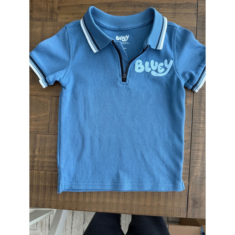 Bluey Toddler Boy Blue Quarter Zip Polo Shirt Short Sleeve Size 4T Logo Tee